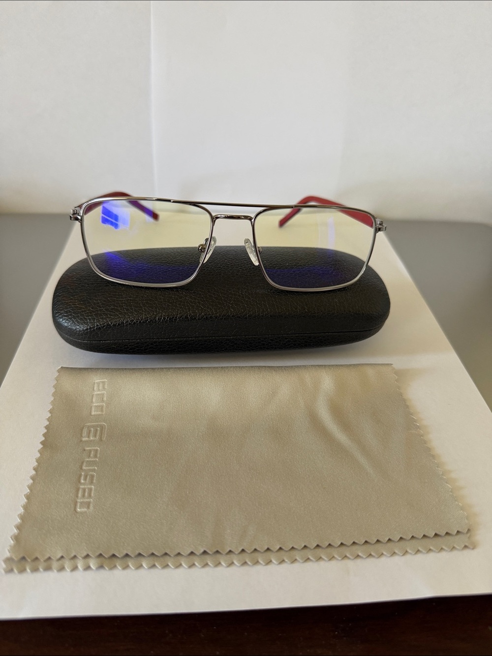 Men’s Rectangular Double-Bridge Metal Glasses - Silver Frame, Red&Black Temples